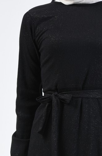 فستان أسود بلمعة فضية وحزام أسود 4205-01