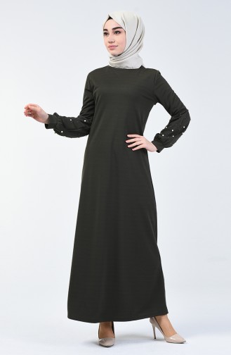 فستان بأكمام مزينة باللؤلؤ كاكي أخضر 4003-06