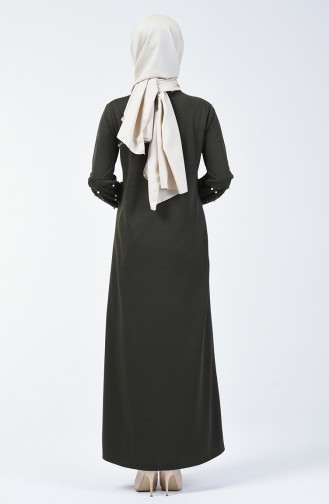 فستان بأكمام مزينة باللؤلؤ كاكي أخضر 4003-06