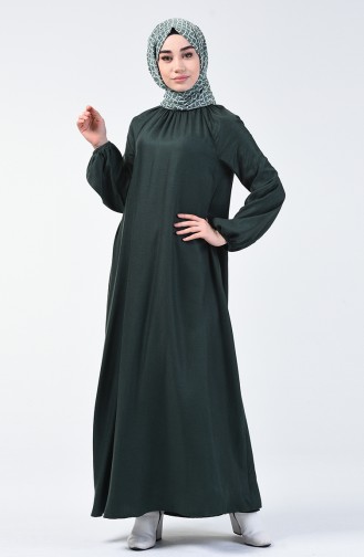 Kolu Ve Yakası Büzgülü Elbise 3138-02 Zümrüt Yeşili