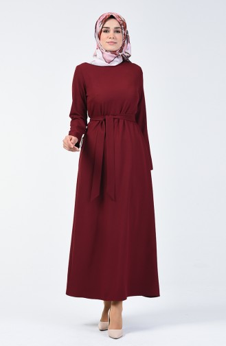 Belted Straight Dress Bordeaux 60087-01