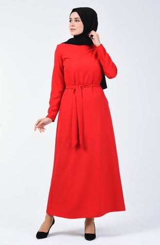 Kuşaklı Düz Elbise 60087-06 Kırmızı