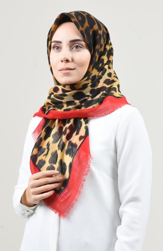 Leopar Desenli Flamlı Eşarp 2452-12 Kırmızı
