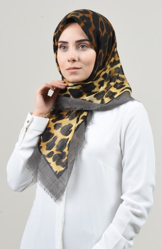 Leopar Desenli Flamlı Eşarp 2452-14 Koyu Gri 2452-14