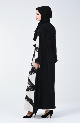 Güpürlü Kuşaklı Abaya 1753-01 Siyah Bej