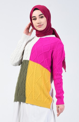 Tricot Knit Pattern Sweater Fuchsia Khaki 4902-01