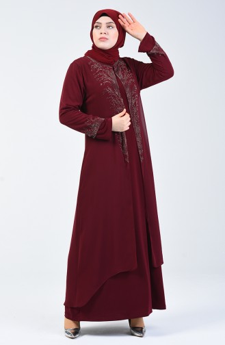 فستان سهرة مزين بالستراس على شكل طقم مقاس كبير أحمر كلاريت 0001-01