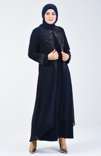 Plus Size Stone Evening Dress Suit 0001-02 Navy Blue 0001-02