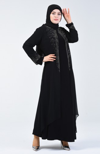 Büyük Beden Takım Görünümlü Taşlı Abiye Elbise 0001-03 Siyah