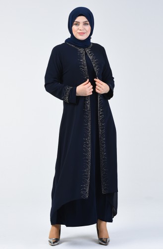 Robe de Soirée  İmprimée de Pierre Grande Taille 0003-01 Bleu Marine 0003-01