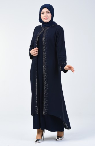 Robe de Soirée  İmprimée de Pierre Grande Taille 0003-01 Bleu Marine 0003-01