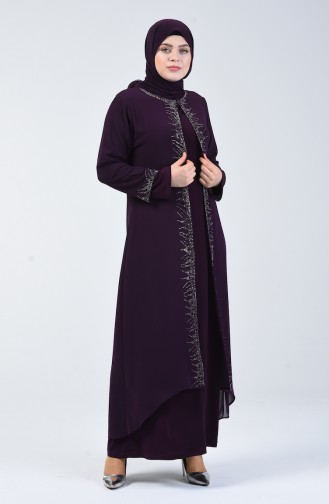 Robe de Soirée  İmprimée de Pierre Grande Taille 0003-04 Pourpre 0003-04