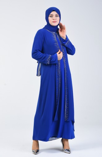 Robe de Soirée  İmprimée de Pierre Grande Taille 0003-05 Bleu Roi 0003-05