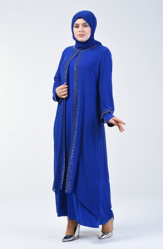 Robe de Soirée  İmprimée de Pierre Grande Taille 0003-05 Bleu Roi 0003-05