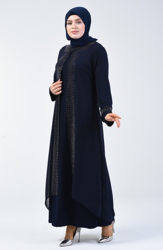 Robe de Soirée  İmprimée de Pierre Grande Taille 0004-02 Bleu Marine 0004-02