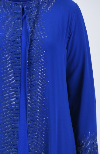 Plus Size Stone Printed Evening Dress 0004-05 Saxe Blue 0004-05