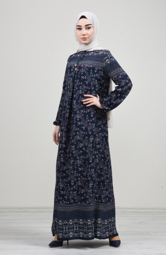 Sleeve Elastic Patterned Dress Navy Blue 8169A-01