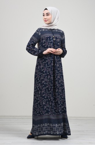 Sleeve Elastic Patterned Dress Navy Blue 8169A-01