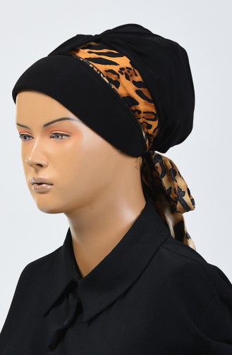 Leopar Desenli Fularlı Bone 7008-01 Siyah