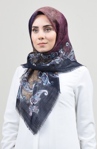 Şal Desenli Simli Eşarp 2451-12 Lacivert Mor