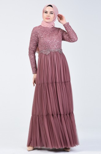 Sequin Detailed Tulle Evening Dress 52769-07 Dry Rose 52769-07