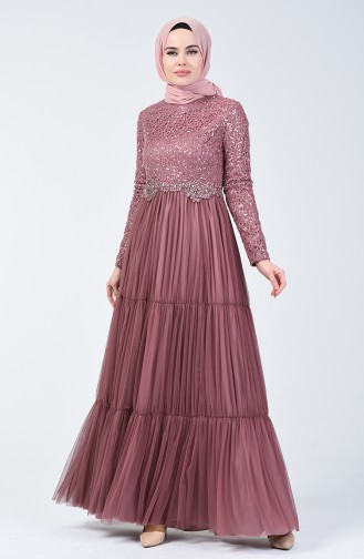 Sequin Detailed Tulle Evening Dress 52769-07 Dry Rose 52769-07