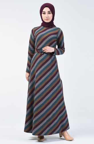 Belted Winter Dress Petroleum Bordeaux 5013B-03