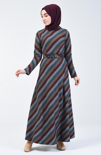 Belted Winter Dress Petroleum Bordeaux 5013B-03