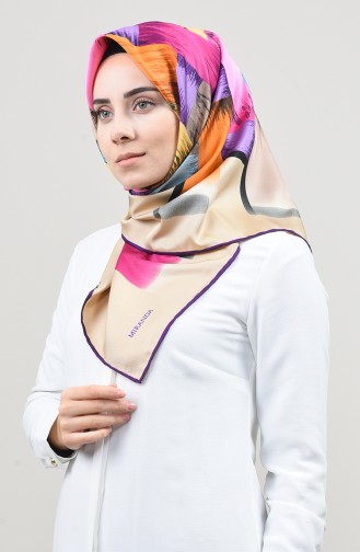 Desenli Twill Eşarp 2456-29 Koyu Mor Bej