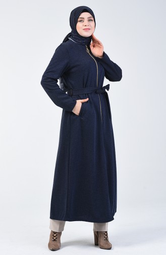 Abaya Grande Taille à Fermeture 0686-02 Bleu Marine 0686-02