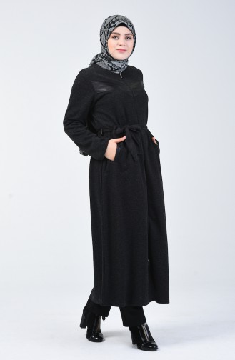 Abaya Grande Taille à Fermeture Détail Cuir  0697-01 Noir 0697-01