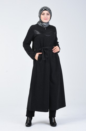 Abaya Grande Taille à Fermeture Détail Cuir  0697-01 Noir 0697-01