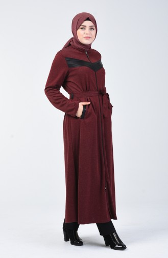 Abaya Grande Taille à Fermeture Détail Cuir 0697-05 Bordeaux 0697-05