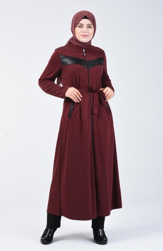 Abaya Grande Taille à Fermeture Détail Cuir 0697-05 Bordeaux 0697-05