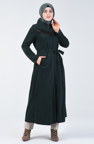 Abaya Grande Taille à Fermeture Détail Cuir 0697-06 Vert 0697-06