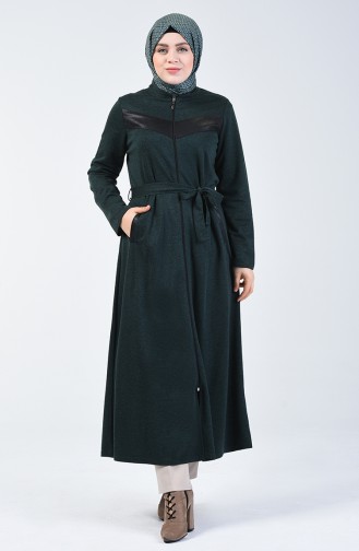 Abaya Grande Taille à Fermeture Détail Cuir 0697-06 Vert 0697-06