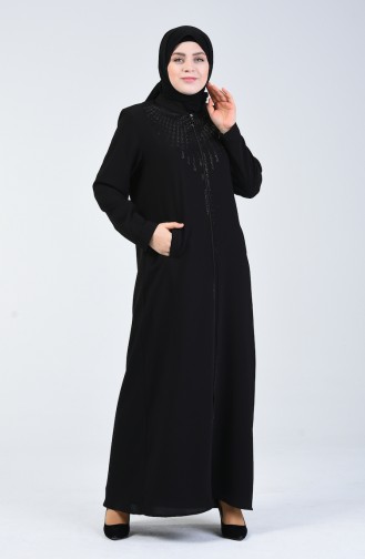 Abaya Grande Taille Imprimé Pierre 5037-01 Noir 5037-01