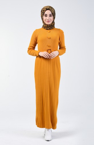 Triko Düğme Detaylı Elbise 2205-04 Hardal