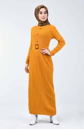 Tricot Button Detailed Dress Mustard 2205-04