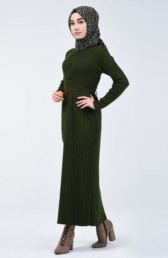 Triko Düğme Detaylı Elbise 2205-07 Koyu Yeşil
