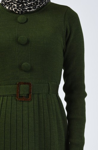 Triko Düğme Detaylı Elbise 2205-07 Koyu Yeşil