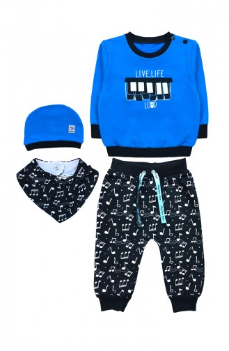 Erkek Bebek Tshirt Pantolon Yakalık Ve Şapka Takım F0967 Mavi