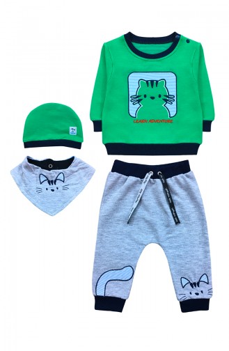 Erkek Bebek Tshirt Pantolon Yakalık Ve Şapka Takım F0983 Yeşil