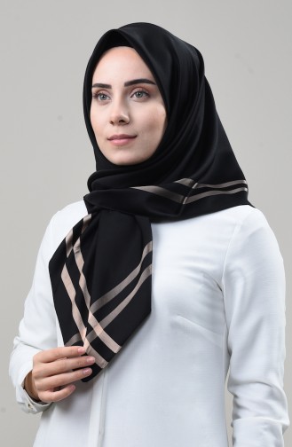 Karaca Floş Bantlı Eşarp 90675-03 Siyah Somon