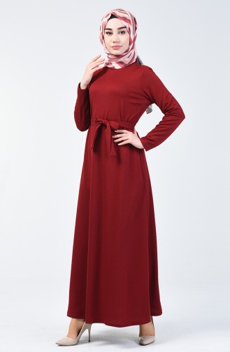 فستان سادة بتصميم مخصر لون الاحمر الغامق  0028-05
