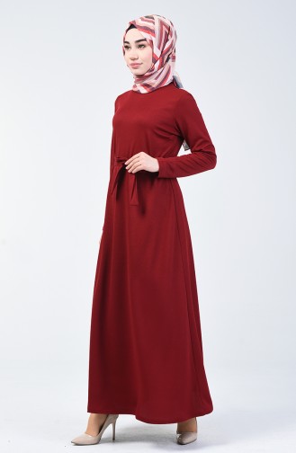 فستان سادة بتصميم مخصر لون الاحمر الغامق  0028-05