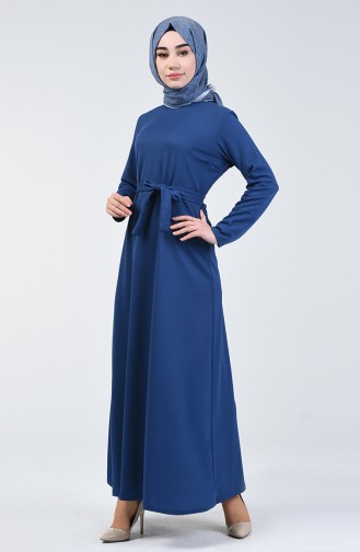 فستان سادة بتصميم مخصر لون النيلي  0028-06