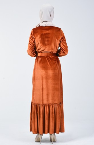 فستان بقماش قطيفة وحزام خصري لون القرميد 5557-07