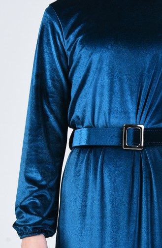 فستان بقماش قطيفة وحزام خصري لون الازرق البترولي 5557-08