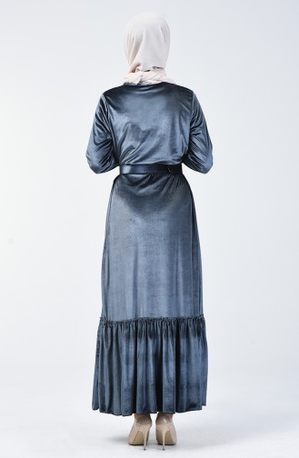 فستان بقماش قطيفة وحزام خصري لون الرمادي 5557-09